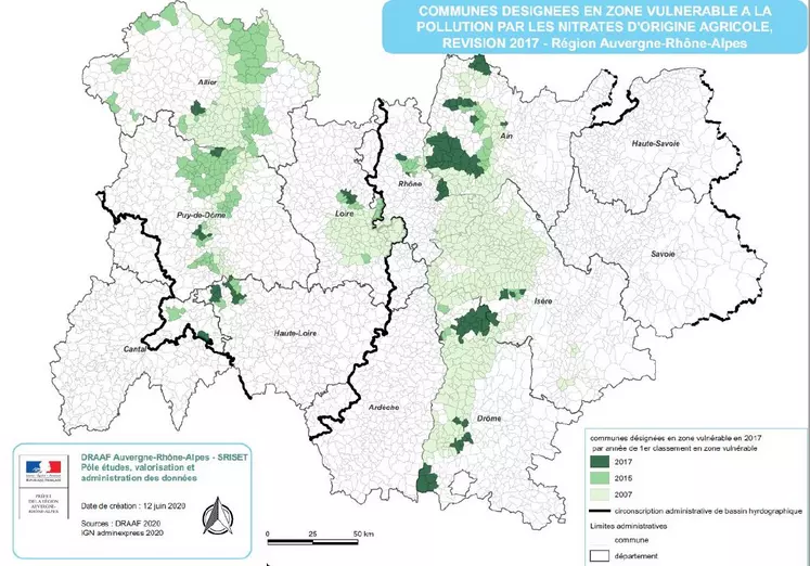 Carte des zones vulnérables sur la région AURA avant 2020-2021.