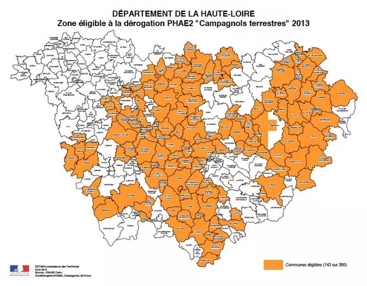 Zone éligible à la dérogation PHAE2 "campagnols terrestres 2013"