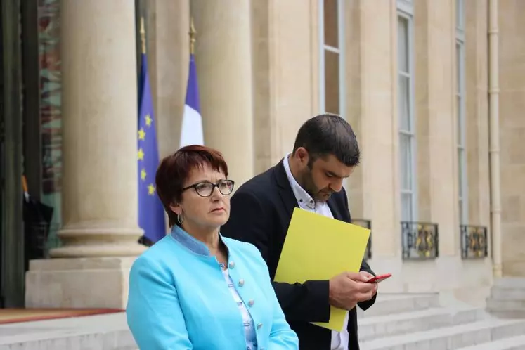 Christiane Lambert, présidente de la FNSEA, et Jérémy Decerle, président de Jeunes Agriculteurs, dans la cour de l’Elysée après leur rencontre avec le président de la République le 20 juillet 2018.