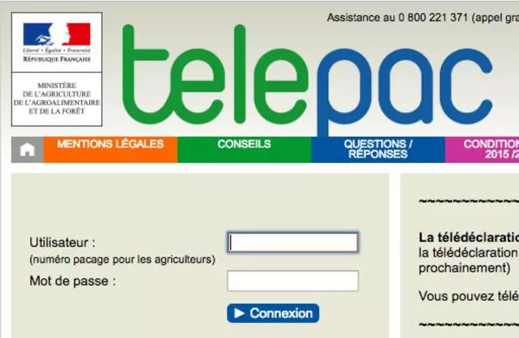 Capture d'écran du site www.telepac.agriculture.gouv.fr