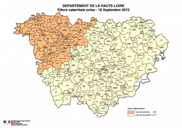 Depuis la semaine dernière, la zone de sécurité autour du foyer de FCO s’est élargie englobant quasi la totalité de la Haute-Loire, avec 256 communes sur 260, au 18 septembre.