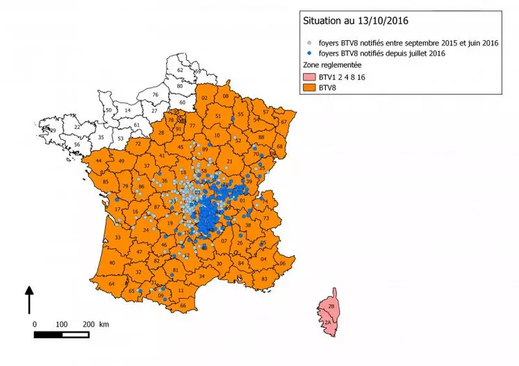 Le nombre total de foyers depuis septembre 2015 est de 560 dont 276 détectés depuis juillet 2016. Cette semaine 82 foyers ont été notifiés, qui n'entraînent pas de modification de la zone réglementée.
La répartition départementale des 82 foyers est la suivante : Ain : 8 foyers 
(1 clinique ) ; Allier : 1 ; Ardèche : 1er ; Cantal : 1 ; Charentes Maritimes : 1 ; Drome : 1 ; Isère : 1 ;  Jura : 2 ; Loire : 
12 (1 clinique) ; Haute-Loire : 25 ; 
Lot : 1 ; Lozère : 1 ; Nièvre : 1 ...