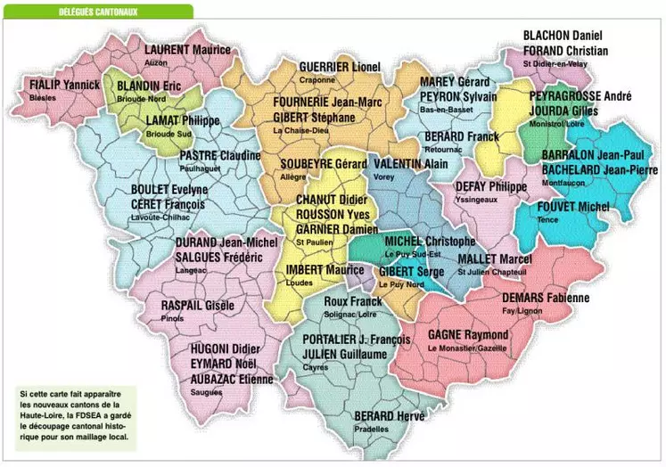 Si cette carte fait apparaître les nouveaux cantons de la Haute-Loire, la FDSEA a gardé le découpage cantonal historique pour son maillage local.