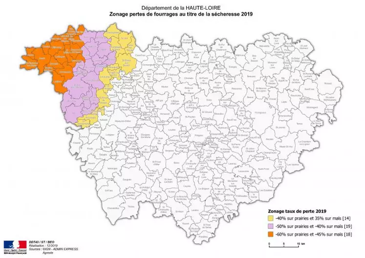 Zonage pertes de fourrages au titre de la sécheresse 2019