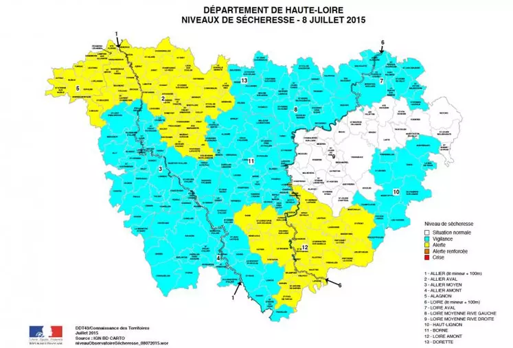 Département de Haute-Loire - Niveau de sécheresse - 8 juillet 2015
