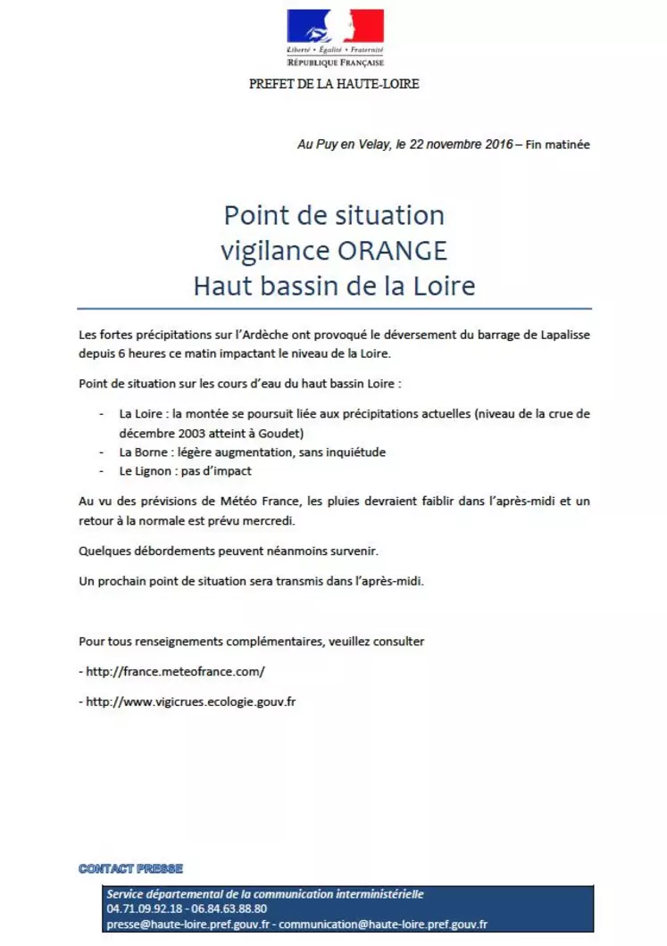 Point de situation vigilance ORANGE Haut bassin de la Loire