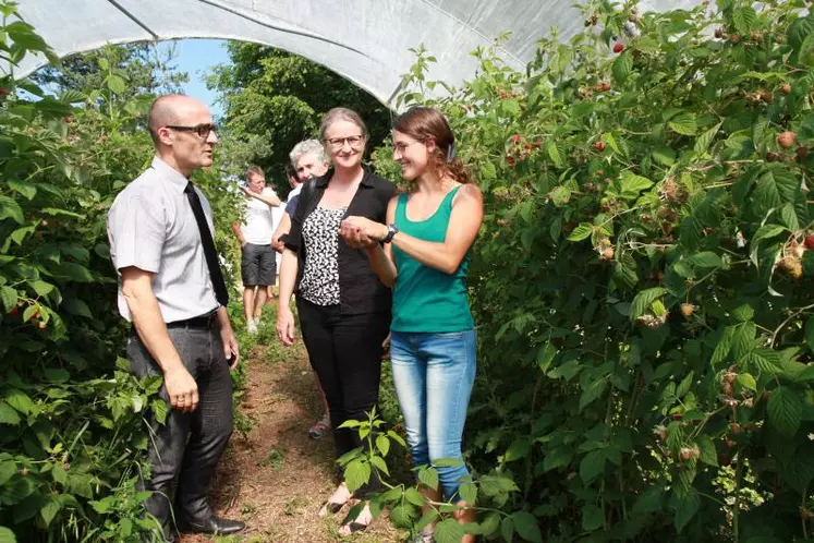 Cindy Deygas avec la sous-préfète d’Yssingeaux, Christine Hacques et le directeur de la DDT, François Gorieux sous un tunnel de framboises.