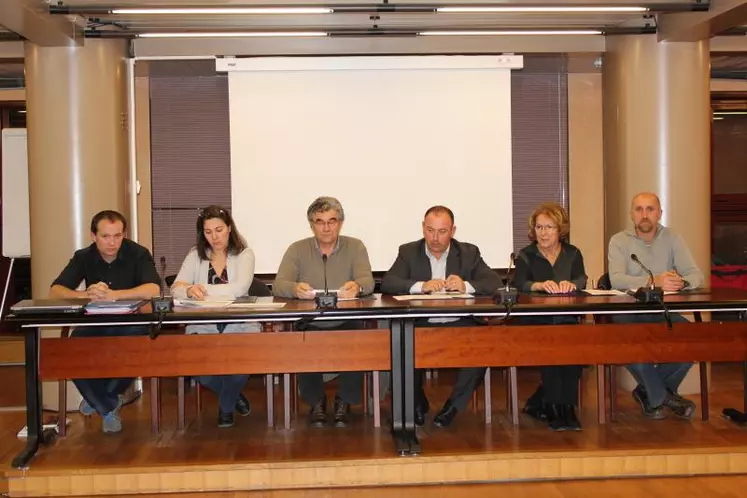 De gauche à droite : Thomas Facqueur, Laurence Vignal (chargée de mission au Pays du Velay), Daniel Decot, Laurent Duplomb, Madeleine Rigaud et Michel Arcis.