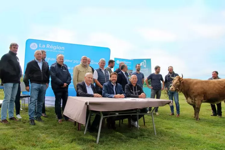 Signature officielle à 1 300 m d'altitude, en présence de nombreux conseillers régionaux, du Draaf, des syndicats agricoles, d'éleveurs (dont ceux engagés dans la démarche locale AVP qui engraissent des génisses croisées (comme celle présente sur la photo).