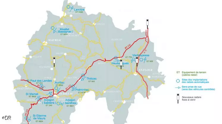 L’implantation des radars fixes actuels et des quatre futurs équipements.