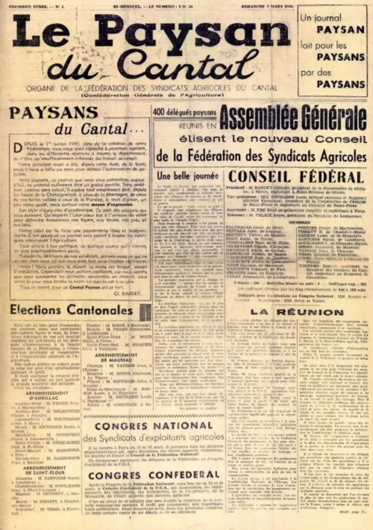 La première Une du Paysan du Cantal en 1946.