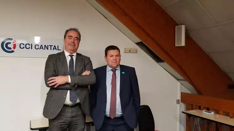 Laurent Ladoux, président de la CCI, a accueilli Sébastien Vidal, président de Limagrain, invité comme grand témoin de la chambre consulaire à Aurillac.