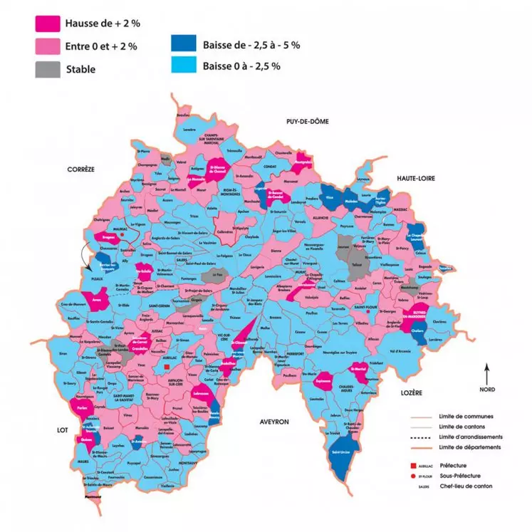 Évolutions des populations légales des communes du Cantal entre 2013 et 2018. Source : Insee Auvergne-Rhône-Alpes.