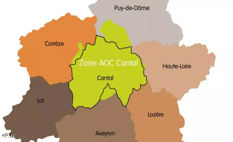 L’ensemble des 2 200 producteurs identifiés dans la zone d’appellation (en vert) de l’AOC cantal devraient être contrôlés d’ici fin 2011.