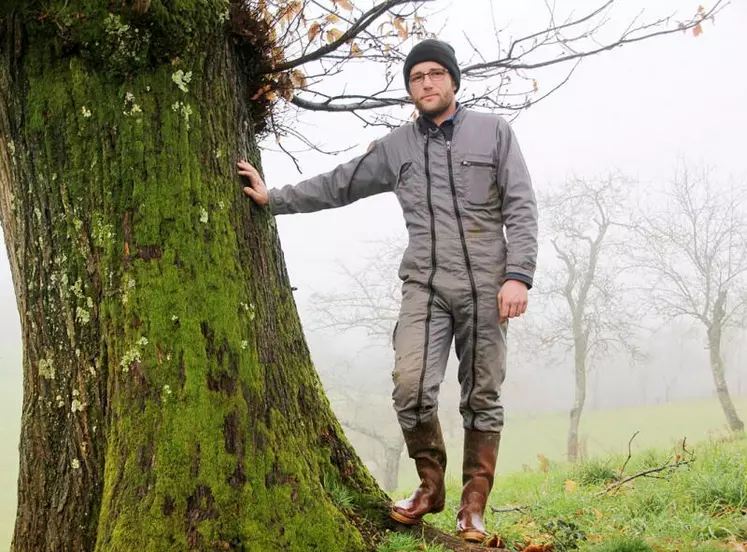 Jérémie Vigier, près d’un châtaignier au pied duquel restent encore les bogues de la dernière saison.