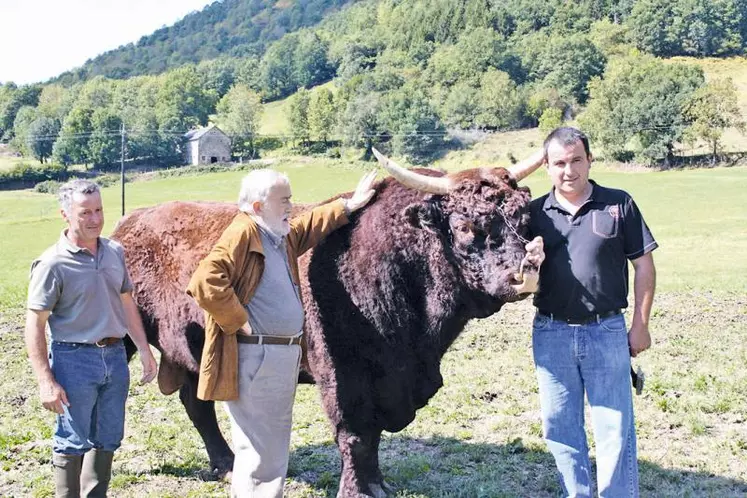 Jean-Paul et Thierry Lacombe ont présenté à Michel Duchaussoy son nouveau collègue de cinéma : le taureau Baron !