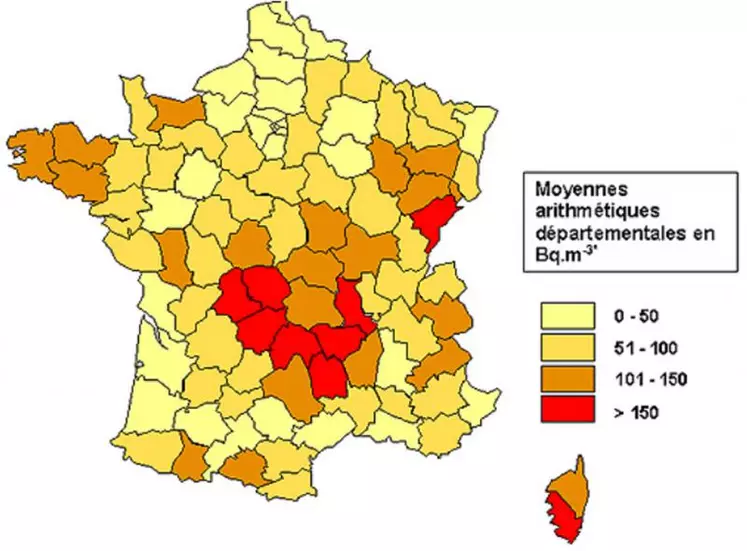 Le Cantal - comme ses voisins - avec 161 Bq/m3 de moyenne de concentration est l’un des départements plus concernés en France selon la cartographie de l’INRS.