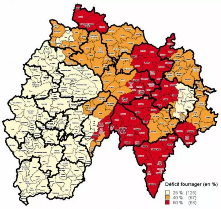 La carte des zones reconnues sinistrées et qui seront donc éligibles aux indemnisations du fonds national des calamités agricoles : 135 communes sur les 260 du département sont concernées.