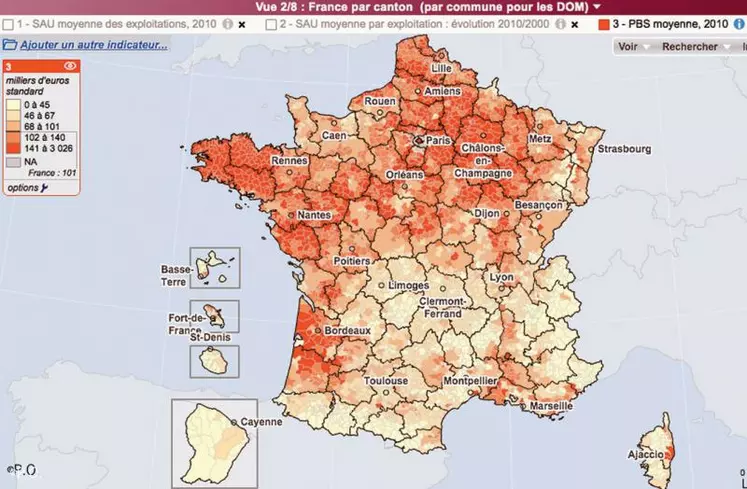 Production standard brute moyenne des exploitations à l’échelle de chaque canton en 2010. Source Agreste.