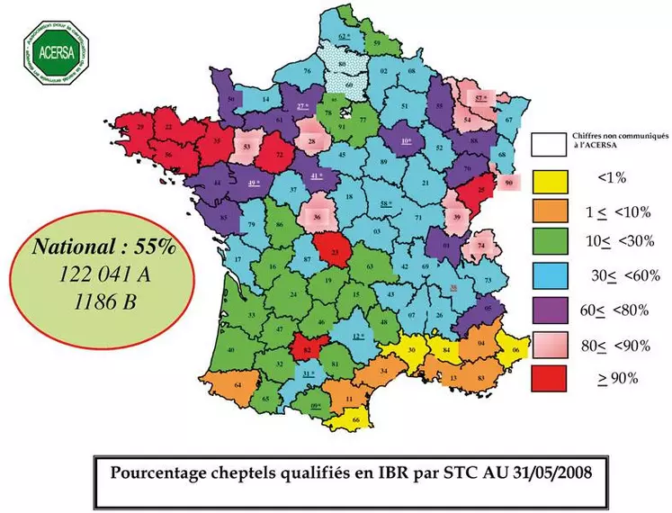 Au terme de la campagne 2009, 3 214 cheptels sont dépistés négatifs, soit 92,78 % et 3 137 cheptels certifiés soit 90,56 % des cheptels sont sous appellation ACERSA, ce qui représente une augmentation de 2 points par rapport à l’année précédente.