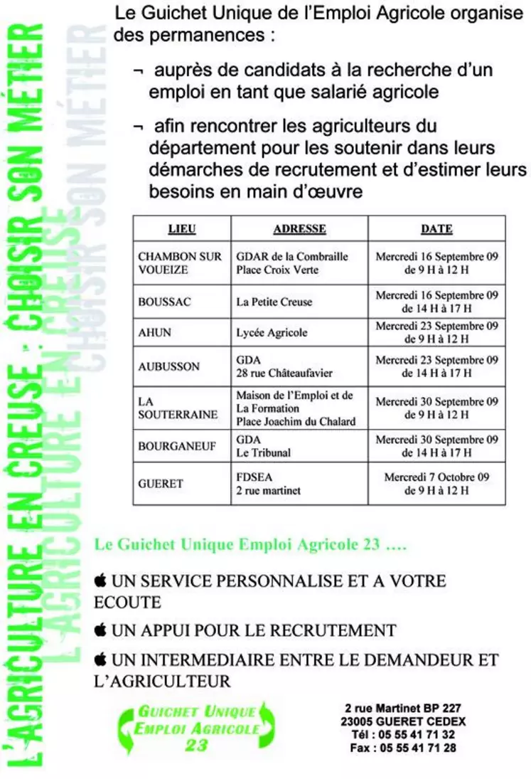 Information du Guichet unique emploi agricole 23.