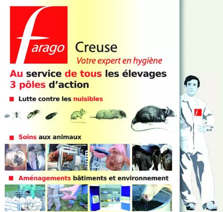 La mission première de Farago Creuse en élevage reste la possibilité pour chaque éleveur de pouvoir disposer au choix, d'une part, de services ou, d'autre part, de produits, pour la mise en place et la réalisation des objets des missions sanitaires de GDS Creuse. N'hésitez donc pas à nous contacter pour tout besoin.