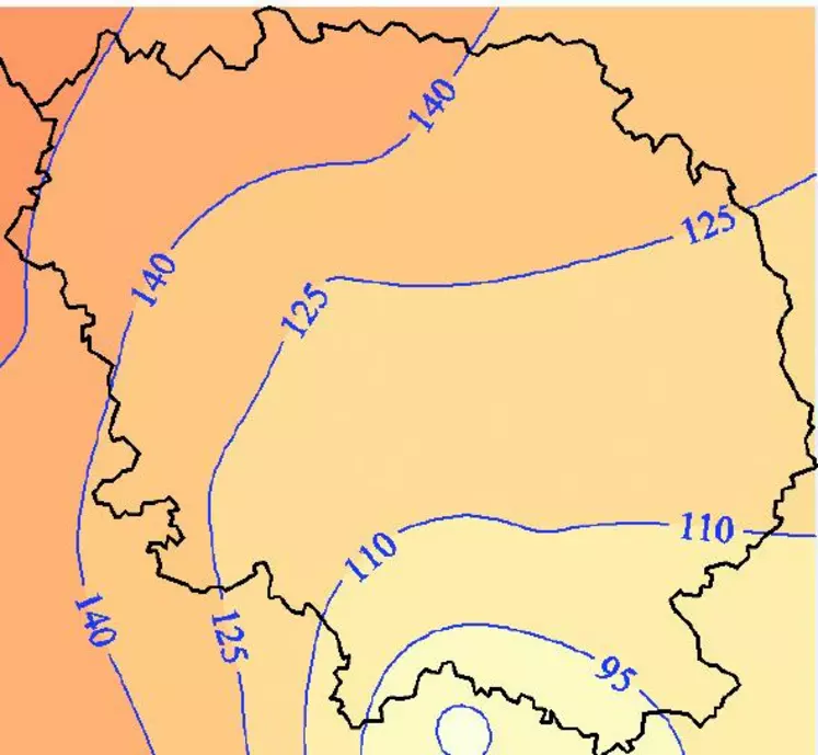 Exemple de carte répertoriant les cumuls de températures le 7 mars 2010 en Creuse.