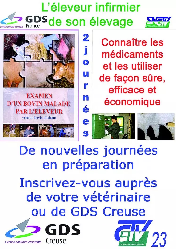 La formation des éleveurs se déroule selon un module de base qui comporte deux journées : la première sur le thème de l’examen de l’animal malade et la seconde sur le médicament vétérinaire et le carnet sanitaire. Chaque éleveur intéressé est invité à contacter son vétérinaire ou GDS Creuse pour lui indiquer son souhait de s’inscrire à de telles journées.