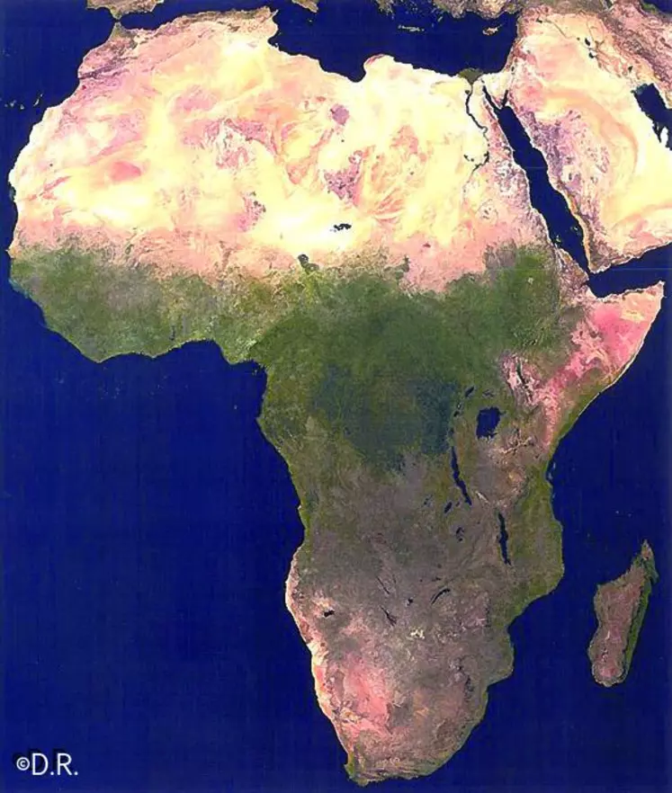 Sur cette vue satellitaire de l’Afrique, on aperçoit le désert du Sahara, qui s’étend au nord du continent. C’est à ses pourtours que la désertification accomplit les plus grands dommages.