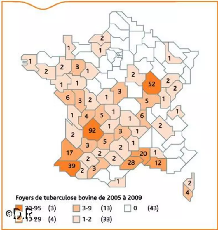 En 2009, la prévalence de la tuberculose bovine en France était de 0,04%. Le territoire est reconnu officiellement indemne de tuberculose bovine depuis plusieurs années (prévalence inférieure à 0,1%). En raison de la détection et de la persistance de certaines zones infectées, la surveillance est localement renforcée.