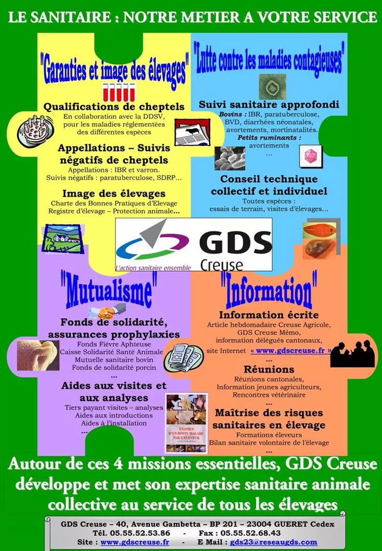 GDS Creuse a pour objet « de contribuer par tous les moyens dont il dispose à l’amélioration de l’état sanitaire de toutes les espèces d’animaux d’élevage ». Nous observons, depuis quelques mois, des dégradations sanitaires dans certains troupeaux liées, au-delà des conditions économiques et sanitaires générales dégradées, à des « oublis » des mesures sanitaires de base.