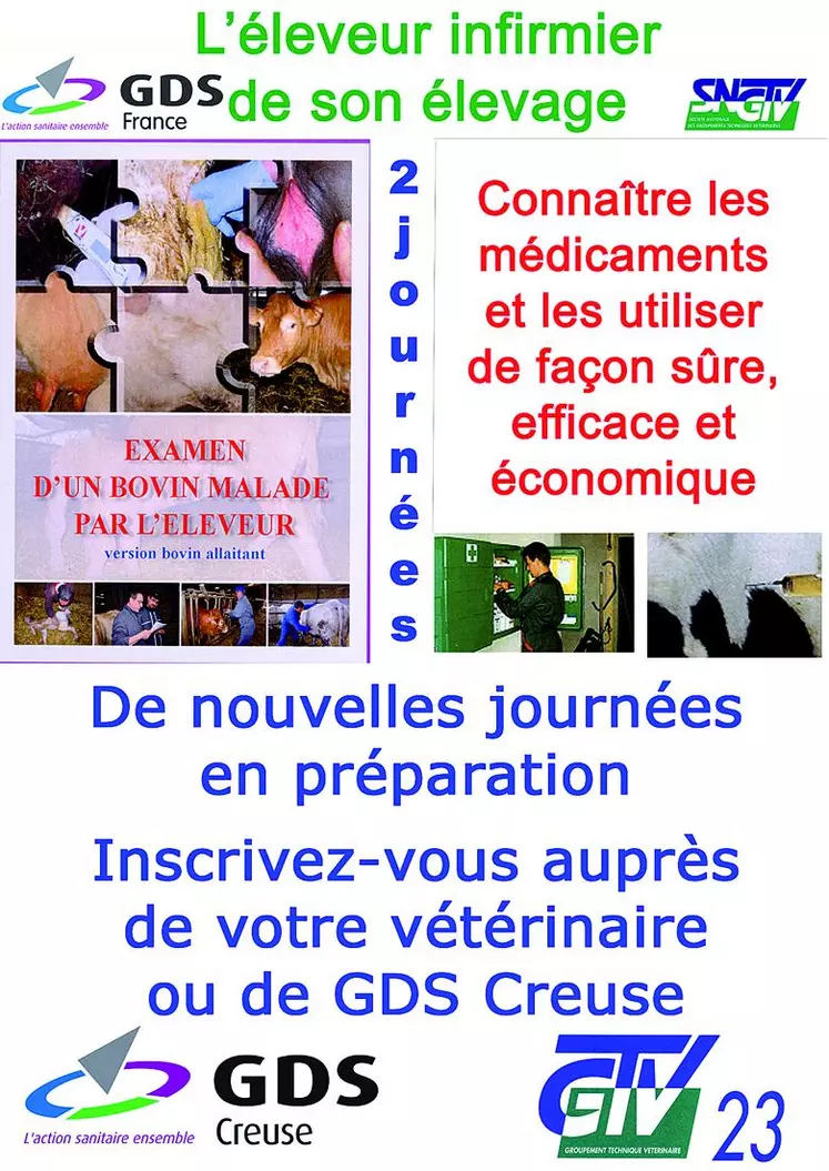 La formation des éleveurs se déroule selon un module de base qui comporte deux journées : la première sur le thème de l’examen de l’animal malade et la seconde sur le médicament vétérinaire et le carnet sanitaire. Chaque éleveur intéressé est invité à contacter son vétérinaire ou GDS Creuse pour lui indiquer son souhait de s’inscrire à de telles journées.