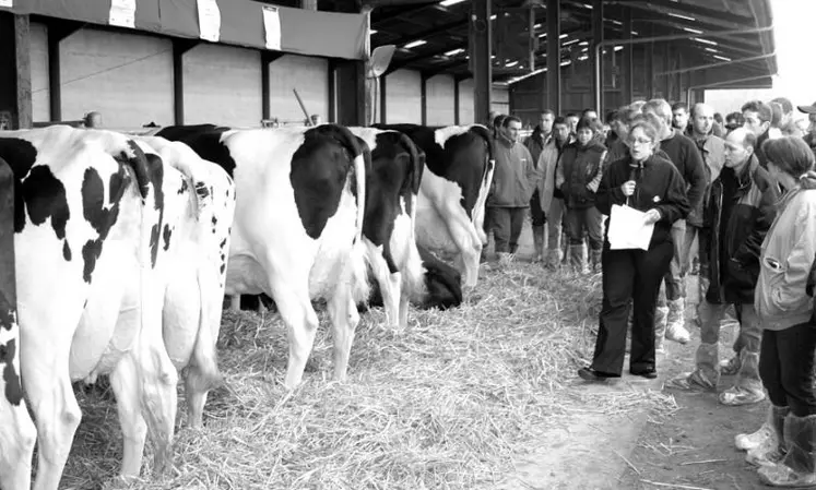 Olivia Beaudonnat, Technicienne Prim’holstein de l’UALC commente les principales souches de l’élevage Leyrat-Felgines à Voutezac (19).
