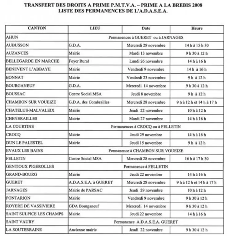 Date limite de dépôt des dossiers : Dossiers bovins uniquement : 30 novembre 2007
Dossiers portant partiellement ou totalement sur des droits ovins : 31 octobre 2007
(En cas de problèmes pour les droits ovins des renseignements peuvent être donnés lors des 
permanences habituelles du mois d’octobre à Bourganeuf - Boussac - Dun le Palestel - Chambon - Felletin – Auzances -)
Pour tous renseignements : A.D.A.S.E.A. 30, Avenue d’Auvergne 23000 Guéret Tél : 05 55 51 19 00