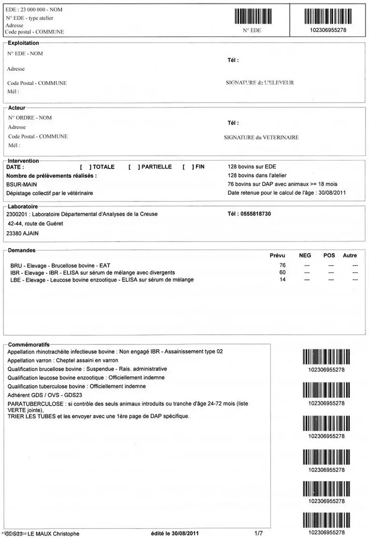 Une vérification de l’adéquation entre les analyses demandées et les besoins réels du cheptel sera effectuée par le vétérinaire en concertation avec l’éleveur. Afin d’augmenter l’implication de chacun dans cette phase et aussi d’assurer l’éleveur de la bonne réalisation de ses demandes, la première page fournie avec les prélèvements de prophylaxie sera signée systématiquement par le vétérinaire et par l’éleveur.