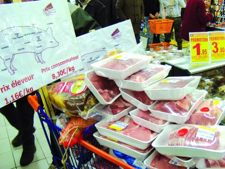 Lors d’une précédente action, le 3 décembre dernier, des éleveurs porcins et bovins, au supermarché Leclerc de Guéret.