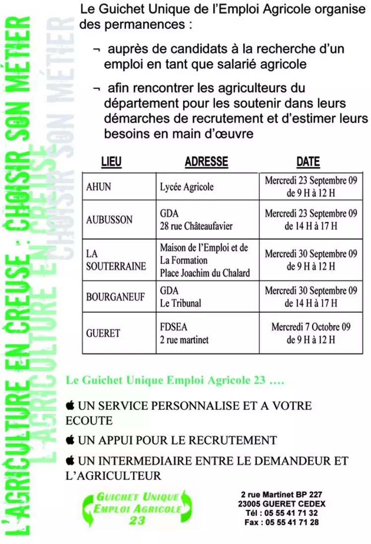 Le guichet unique de l'emploi agricole organise des permanences.