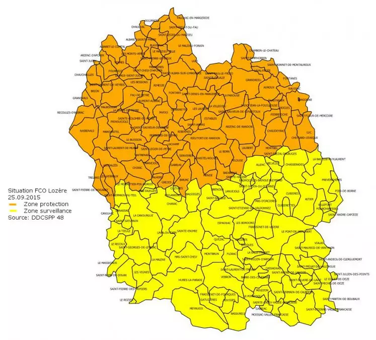 La situation par rapport à la FCO en Lozère au 25/09/2015.