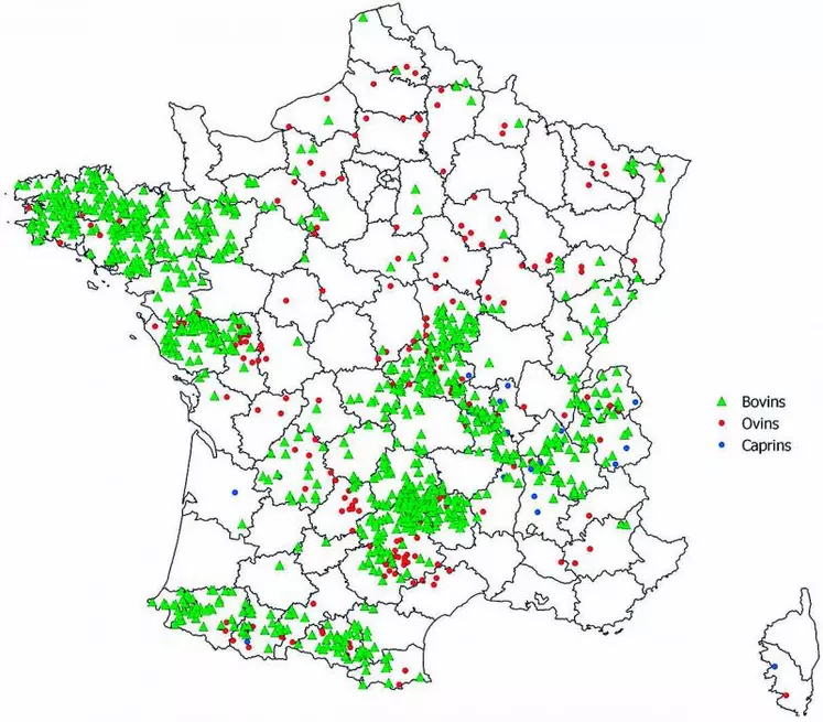 Répartition géographique des élevages confirmés atteints au 16 avril 2013 (1 140 élevages)