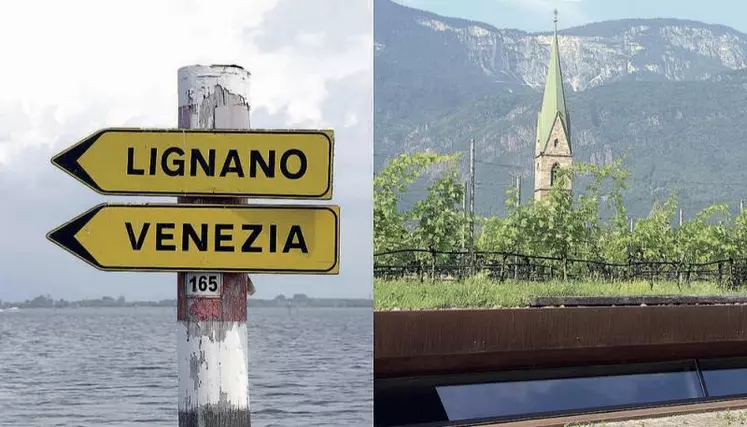 À vol d’oiseau, 150 km séparent ces deux paysages. La lagune vénitienne, modèle de valorisation des canaux et zones humides et la coopérative de Lignano, qui a creusé des fondations titanesques pour son chai, ensuite recouvert de terre et de ceps. Sous la vigne, la cave ! Les deux territoires pratiquent avec talent l’œnotourisme et la promotion de leur agriculture (www.unii.org - www.suedtirol.info/fr).