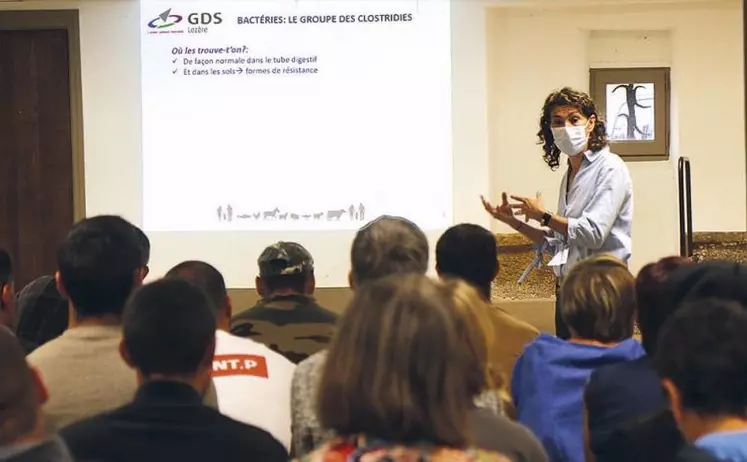 Dans la salle de la mairie des Bondons, Laure Gaillard explique les conséquences d'une transmission de la maladie du charbon symptomatique.