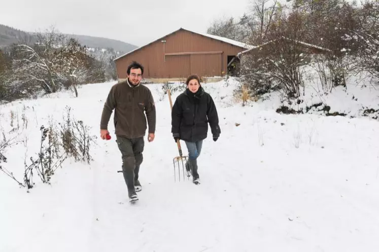 Guillaume Gausi et Aurélie Clement sur leur exploitation.