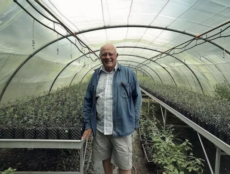 Didier Chabert, dans ses serres, aux côtés de jeunes plants qui requièrent déjà toute son attention.