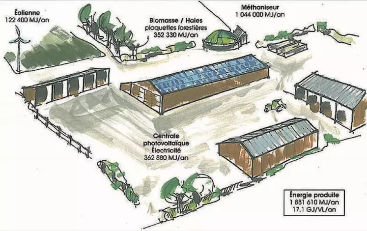 Le document comprend trois exemples d’exploitation d’élevage (bovin lait, bovin viande et ovin allaitant) illustrant la notion de ferme à énergie positive.