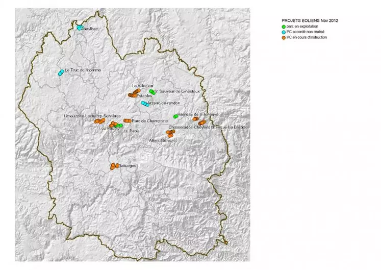 Carte des projets éoliens en Lozère
