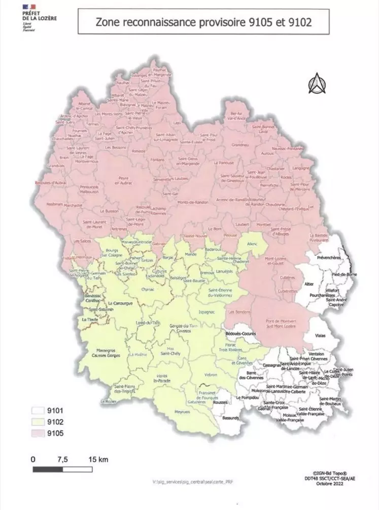 Les communes demeurées en blanc sur la carte correspondent globalement au bassin versant du Rhône et seront traitées lors du prochain CNGRA.