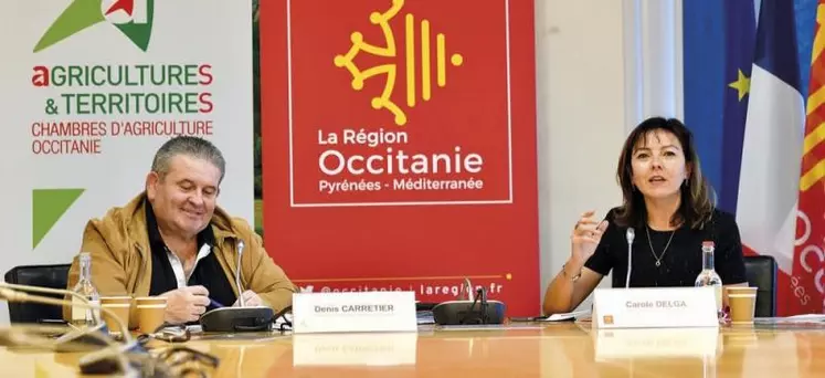 Denis Carretier et Carole Delga en conférence de presse pour soutenir les agriculteurs.