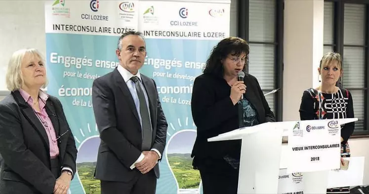 Christine Wills-Morel, préfète de la Lozère, Thierry Julier, président de la CCI, Christine Valentin, présidente de la chambre d’agriculture et Florence Vignal, présidente de la CMA.