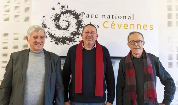 Henri Couderc, président,  Roland Canayer et Jean-Pierre Allier,  vice-présidents du conseil d'administration du Parc national des Cévennes.
