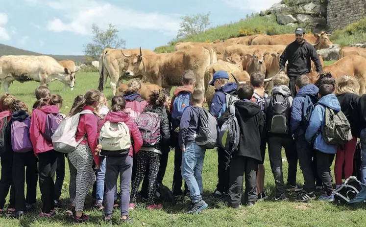 Rudy Boissier approche ses bêtes pour que les enfants les voient d’un peu plus près.